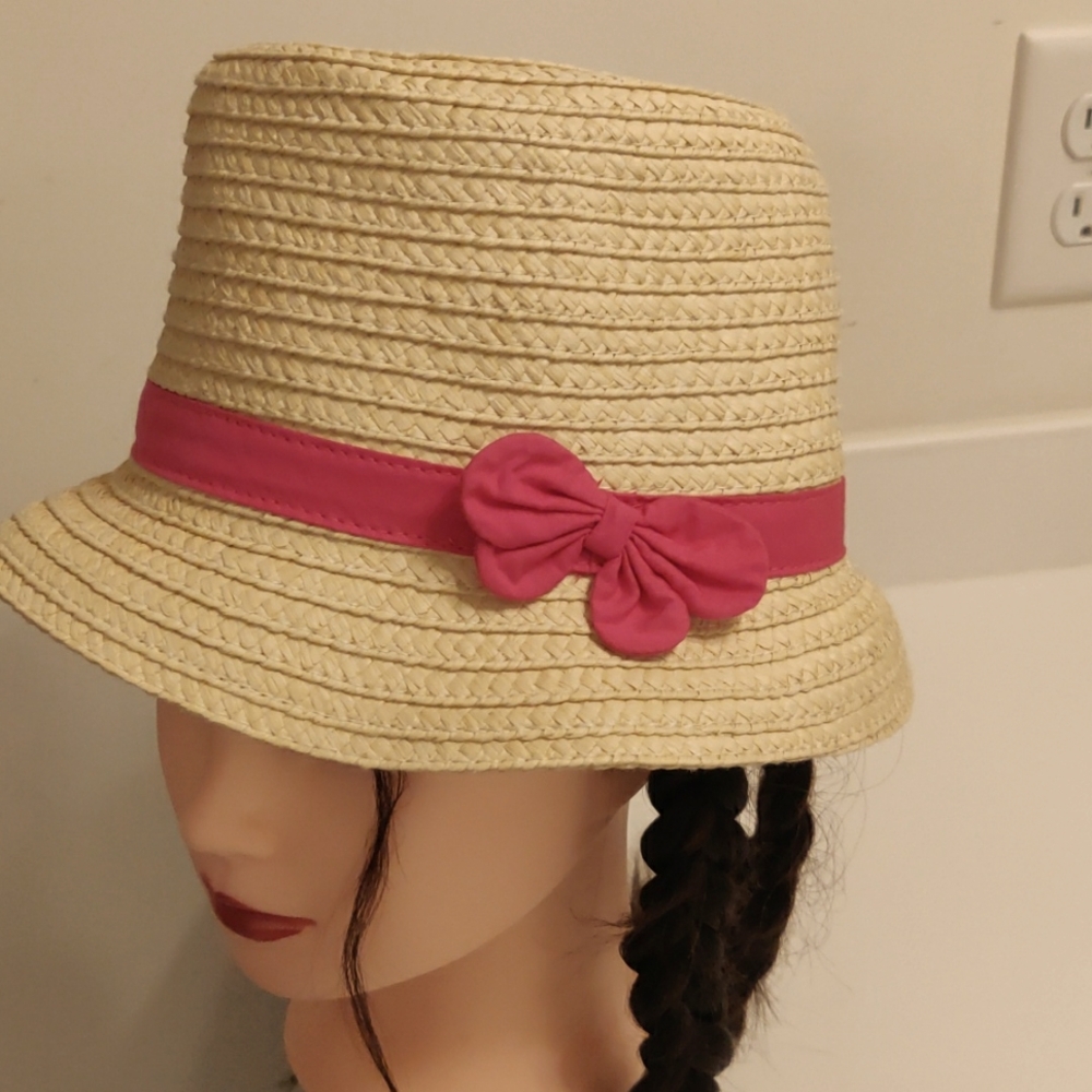 Gymboree Girl's Sun Hat Bucket Beige Stylish Tan Pink Ribbon Side Bow vintage Y2
